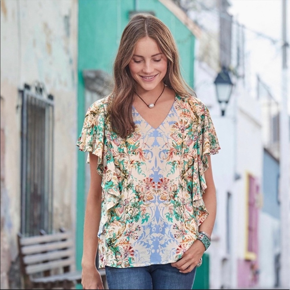 Sundance Arabella Top Flutter Sleeve XS Ivory Pale Pink Blue Green Floral Rayon